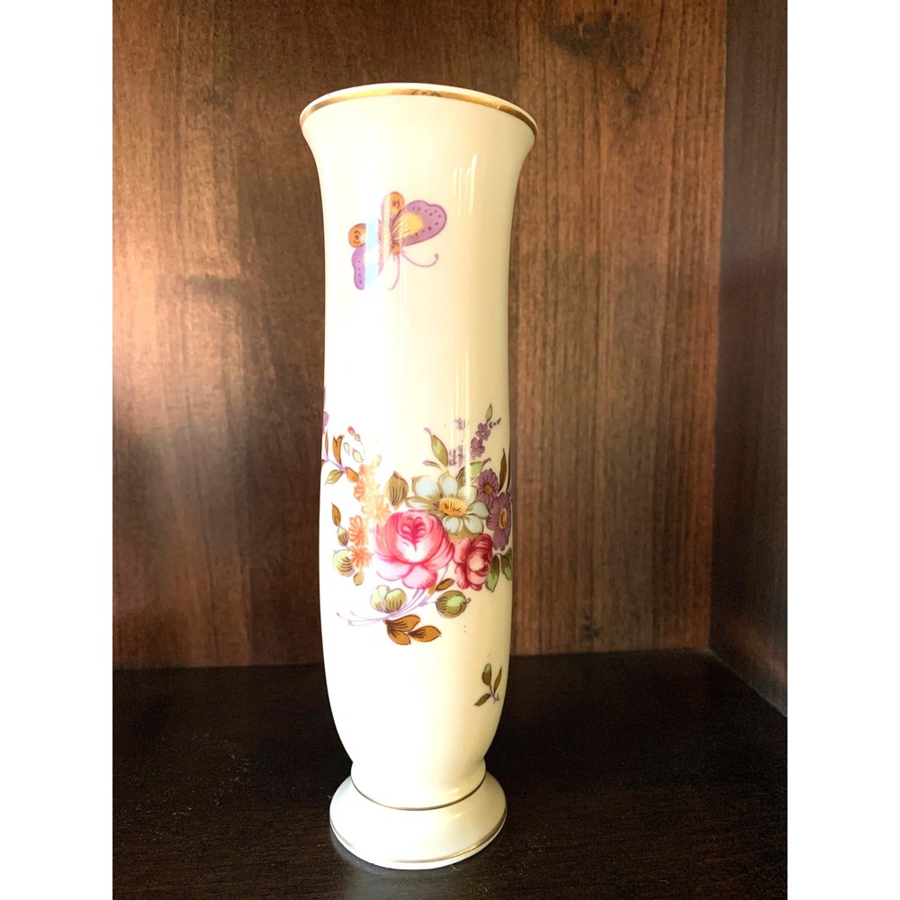 Lefton Bud Vase Floral Butterfly XA8132 Gold Trim Vintage 7 3/4in